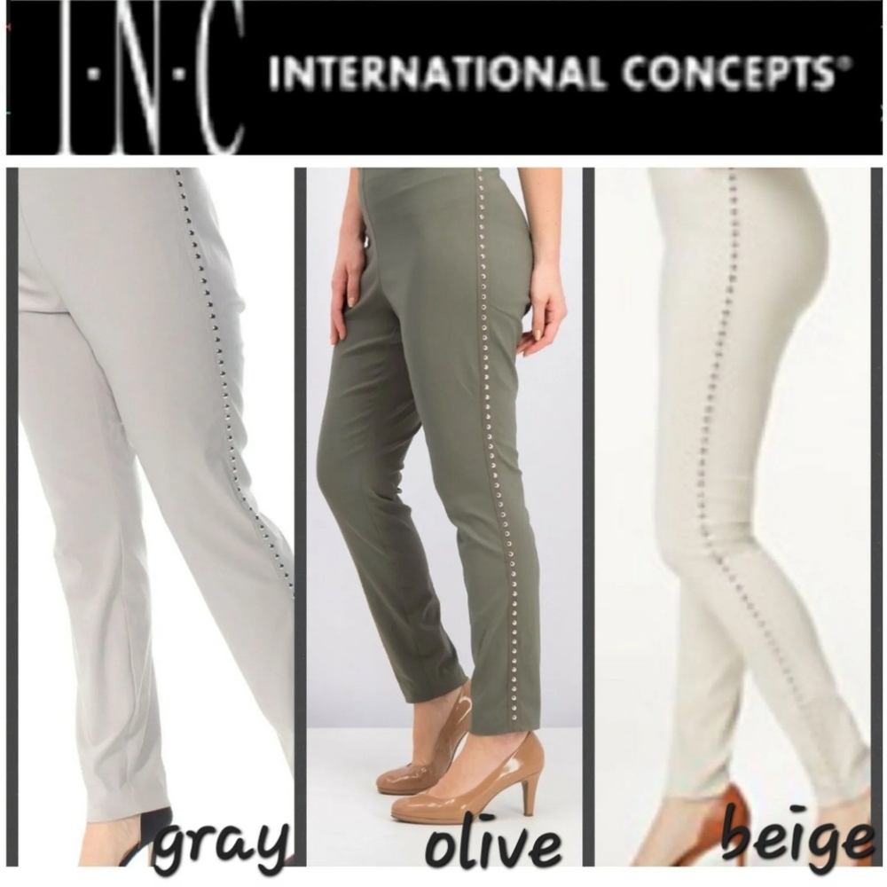 INC Studded Skinny Pull On Pants Olive Gray Beige